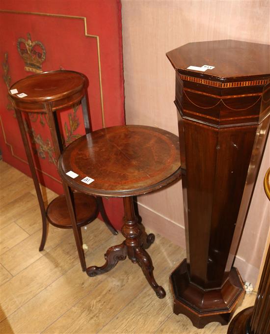 An Edwardian inlaid mahogany pedestal, a Victorian walnut table and an Edwardian jardiniere stand, jardiniere stand H.115cm